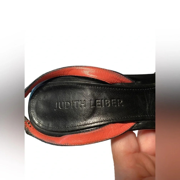 Judith Leiber Black Leather Crystal Ball Embellishments Sling Back Heels - Picture 7 of 10